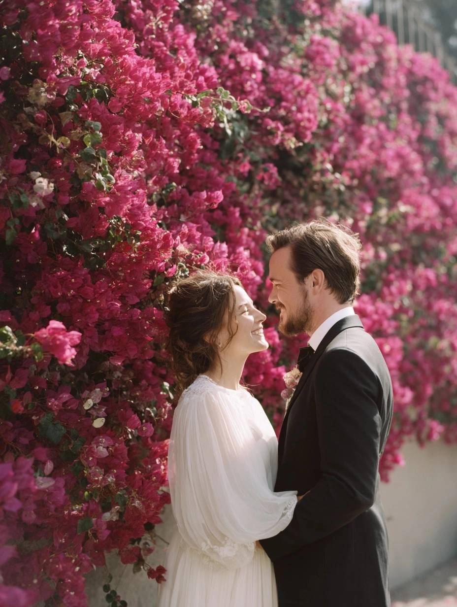 Pareja recién casada frente a una pared cubierta de buganvillas en flor, mirándose sonrientes con ternura, en un entorno natural y romántico